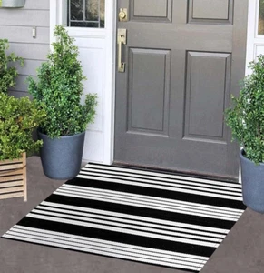 Black and White Striped Outdoor Rug 24'' X 35'' Door Mat Outdoor Machine Washabl - Picture 1 of 12