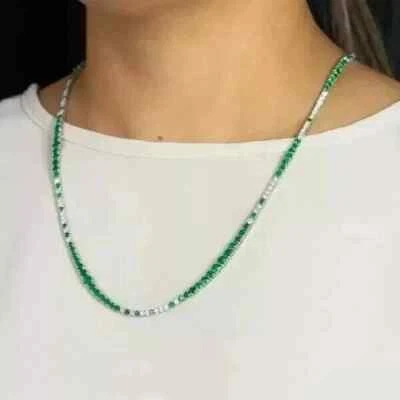 "Collar de tenis para mujer de esmeralda creado en laboratorio de corte redondo de 18 quilates enchapado en oro blanco de 14 k de 18""" Foto 1 de 3