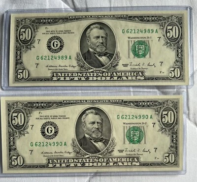 1988 US Fifty Dollar Bills Uncirculated Consecutive Serial Numbers 2 Notes - Image 1 of 2