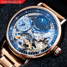 Mens Rose Gold Dual Time Skeleton Automatic Mechanical Watch Stainless Steel