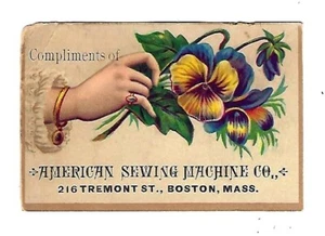 c1890 Victorian Trade Card American Sewing Machine, Boston, Flowers - Bild 1 von 2