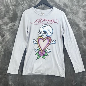 Ed Hardy by Christian Audigier Sz Large Gray Long Sleeve Womens T Shirt Y2k VTG - Picture 1 of 13