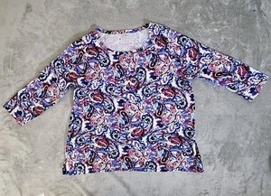 Top Anne Klein Mujer 1X Azul Paisley Multicolor Dorado Botón Manga 3/4 Informal - Imagen 1 de 8