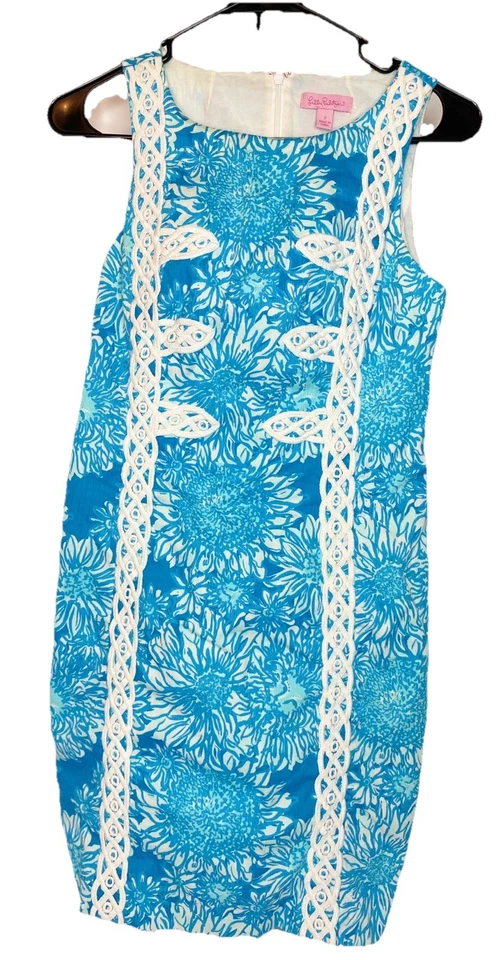 Lilly Pulitzer Shift Blue White Dress Lace Size 2 Mirabelle Lion in the Sun - Image 1 of 4