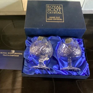 Royal Scots Crystal Hand Cut Lead Crystal Glass Pair Brandy Glasses Boxed Unused - Picture 1 of 6