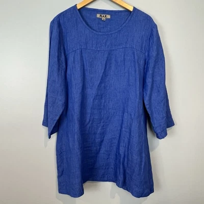FLAX Blue Linen Shift Dress or Tunic Pullover Size Medium Pockets 3/4 Sleeves - Image 1 of 4