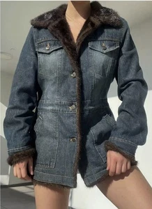 Vtg Marvin Richards Faux Fur Lined Denim Jean Jacket Coat Hip X Large Dark Wash - Picture 1 of 10