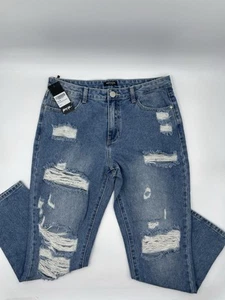 NWT Nasty Gal Large Distressed Boyfriend Blue Jeans Denim 32” Waist 27” Inseam - Picture 1 of 6