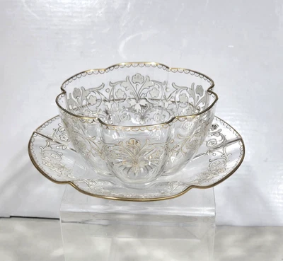 Antique Art  J. & L. Lobmeyr gilt enamel glass Bowl 4.25"  & Plate 6" - Image 1 of 4