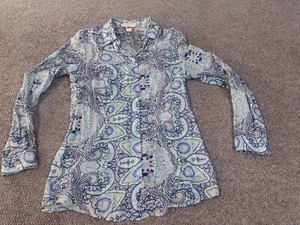 Coldwater creek XS top blue geometric Womens Button Up blouse tunic cotton - Picture 1 of 9