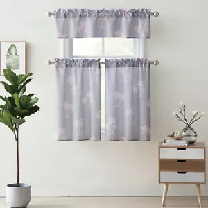 Tropical Palm Trees 3 Piece Decor Curtains Set, Tiers & Valance Grey, Modern-NEW - Picture 1 of 4