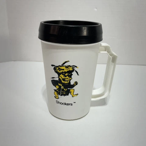 Vintage Wichita State University Shockers Plastic Travel Mug, White and Black Cover