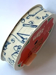 Rare Vtg WFR Novelty Fabric Ribbon Blue Primitive Kitchen Wares Rolling Pins Etc - Picture 1 of 8