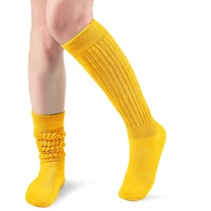 Slouch Socks Women Knee High Boot Long Cotton Tube Scrunch Sock Bright Yellow - Picture 1 of 7