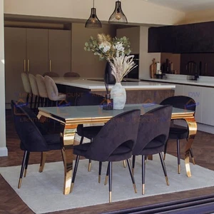 FurnitureDW Gold 1.6m Dining Table Grey Glass Top and 6 Chairs Black Astra Set