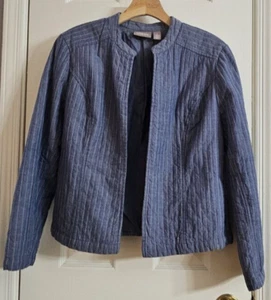 CHICO's Quilted Blue Chambray Jacket Mandarin Neckline Open Front Sz 1 Medium - Picture 1 of 5