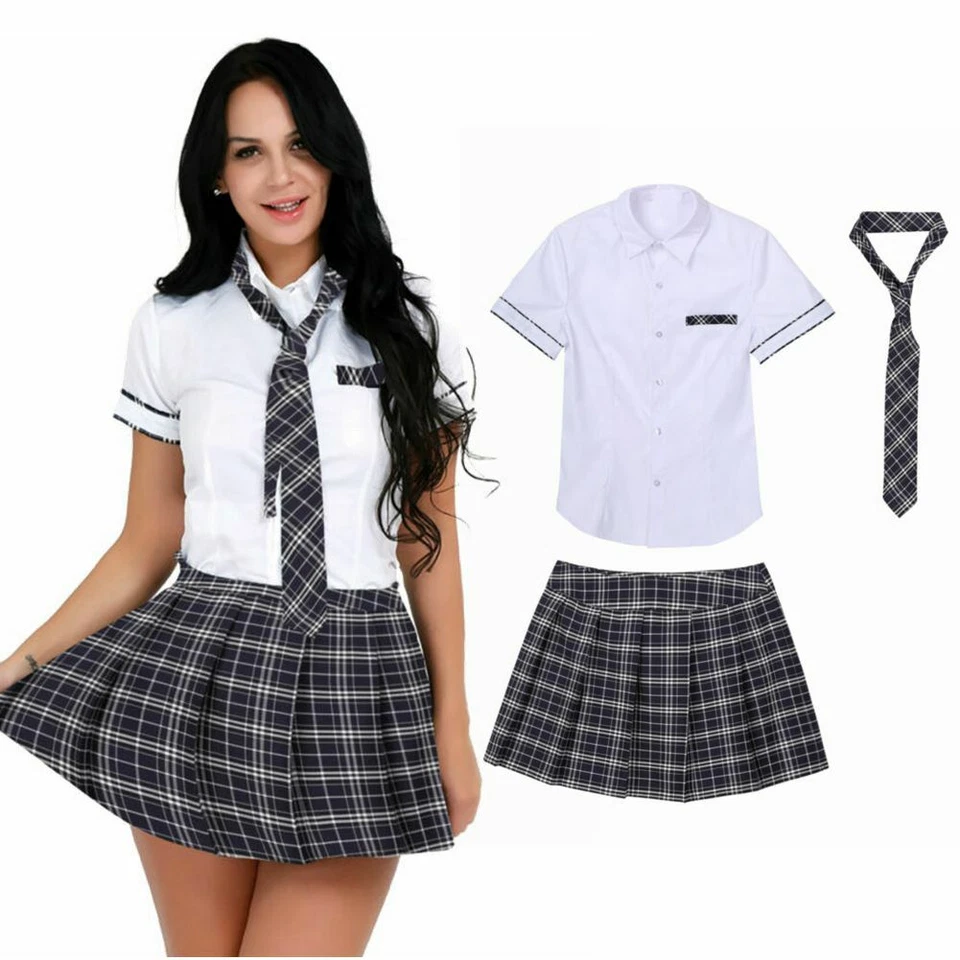 Sexy Women School Girl Uniform Outfit  Plaid Skirt Cosplay Costume Fancy Dress - Image 1 of 4