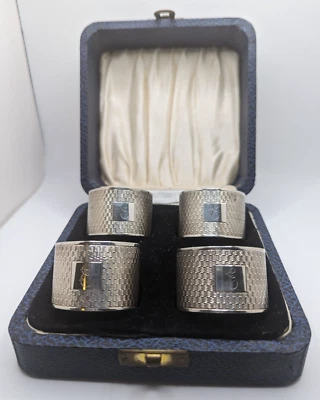 Set of 4 Cased Antique English Sterling Silver Napkin Rings "E" initial, d. 1936 — 第 1/4 张图片