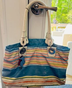 Coach Beach Nautical Striped Seahorse Charmed Tote Handbag Blue White Multicolor - Picture 1 of 7