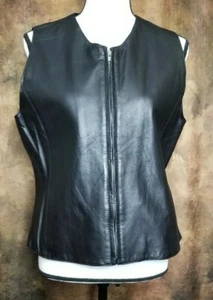 Women's Leather J. Khaki Vest SIZE M Front Zipper Black EUC - Picture 1 of 9