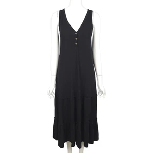 PACT Women's Dress S Black Organic Cotton Sleeveless A-Line Tiered Midi Pockets - Picture 1 of 10