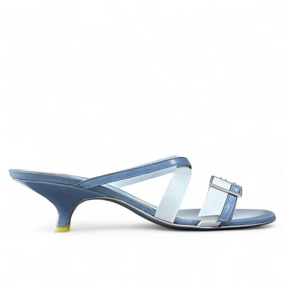 Sandalia Michel Perry Wm Azul Blanco Cuero Tacón Gatito EU38 US7.5 Hecha en Italia Nueva en Caja Foto 1 de 4