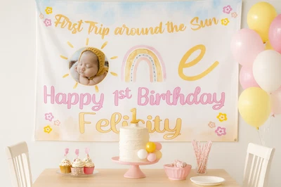 Cartel grande personalizado primer viaje alrededor del sol cumpleaños pancarta fiesta Foto 1 de 4