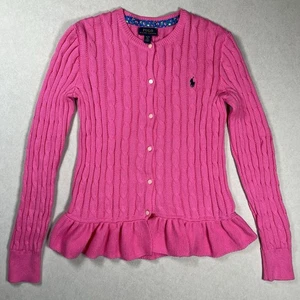 Polo Ralph Lauren Girl’s Pink Cable Knitted Peplum Cardigan Sz XL Preppy Ruffles - Picture 1 of 7