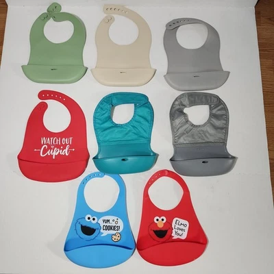 Silicone Baby Toddler Bibs Lot 8 Feeding Waterproof Sesame Street Roll Up Mixed - Image 1 of 4