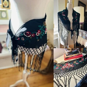 Vintage black fringed shawl colorful Floral hand-embroidery Silk Witchy Gypsy - Picture 1 of 12