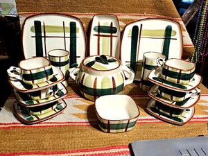 20-teilig Blair USA Mid Century HOMOSEXUELL KARIERT braun grün Geschirr Set Teller Tassen Untertassen + - Bild 1 von 15