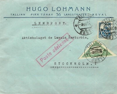 Estonia Eesti, 1926 LendpostAirmail, Foreign Cover Tallin to Sweden, Very Scarce - Image 1 of 2