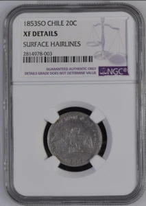 Chile, 20 Centavos 1853, Triple mintmark, rare error, NGC XF Details Silver coin - Picture 1 of 4
