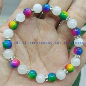 Delicate 8mm White Jade & Multicolor Shell Pearl Round Gem Bead Bracelet 7.5inch - Picture 1 of 4