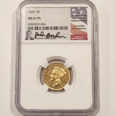 1874 $3 Indian Princess Gold Coin NGC MS61PL ~ RARE PROOF LIKE GOLD! TOP POP! - Image 1 of 4