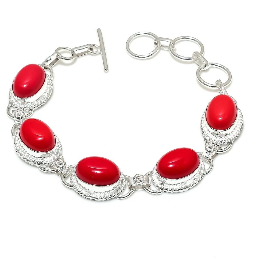 Red Coral Gemstone Handmade 925 Sterling silver Jewelry Bracelet Size 7-8 - Image 1 of 1