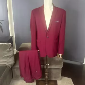 Men’s Burgundy Slim Fit 2 Piece Suit One Button Size 44 Jacket 40 Pants NWT - Picture 1 of 15