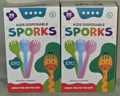  Nuevo en Paquete Hitt Kids Desechable SPORKS 2 en 1 Cuchara y Tenedor 2 Cajas 30ct Cada 60 piezas en Total Foto 1 de 4