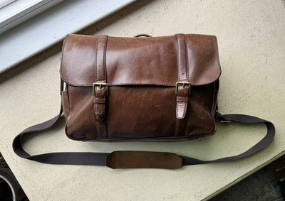 Fossil Brown Leather Messenger Bag Shoulder Strap Crossbody Men - Image 1 of 4