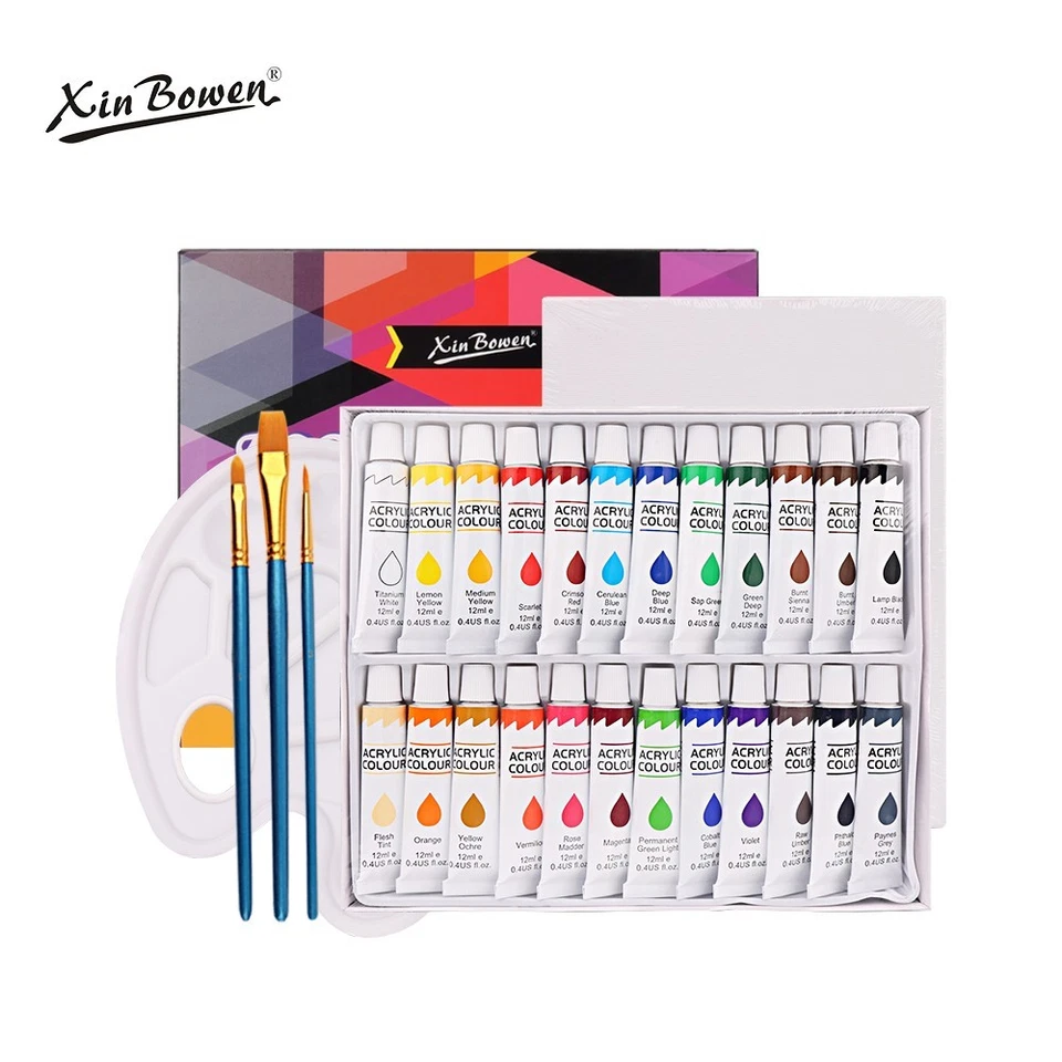 XIN BOWEN 30-teiliges Acrylfarben-Set mit Pinseln, 2 Leinwand & Palette – komplettes Kunstset