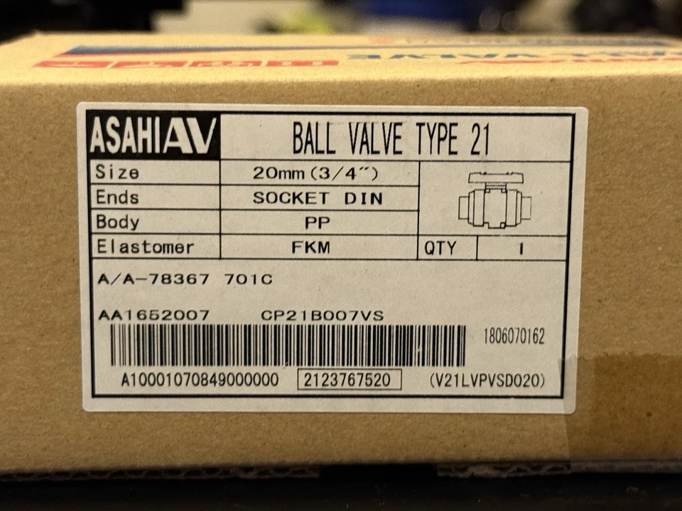 ASAHI AV Type 21 Ball Valve 20mm (3/4") PP FKM SOCKET DIN ENDS - Image 1 of 2