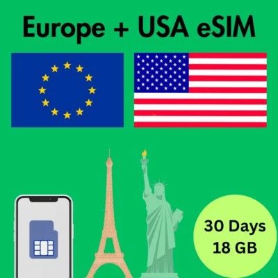 Europe + USA Prepaid Travel eSIM Card 18GB Data 5G/4G Lte 30 Days - Image 1 of 3