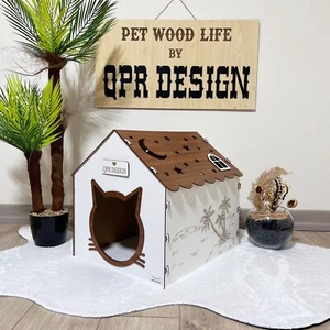 Large Cat House Indoor,Wooden Cat Bed with Star Roof & Palm Tree Design - Picture 1 of 9