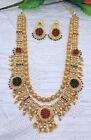 Gold Plated Bollywood Style Indian Temple Necklace Long Haram Jewelry Set