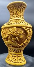 Old Chinese Ceramic Yellow Mustard Glaze Bud Vase Floral Carving Marked 5” High