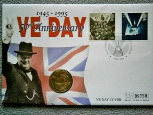 1995 Ve Day 50th Anniversary First Day Stamp Cover w/ Two-GBP Uncirculated Coin - Bild 1 von 5