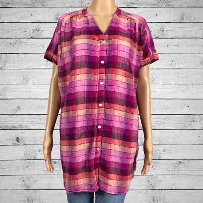 Ingrid & Isabel Maternity Plaid Button Front Shirt Top SMALL Pink Purple Orange - Image 1 of 4