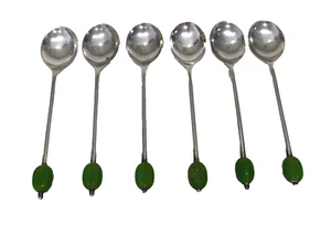 Set of Sterling Silver Green Coffee Bean Teaspoons Antique 1933 Sheffield - Picture 1 of 9
