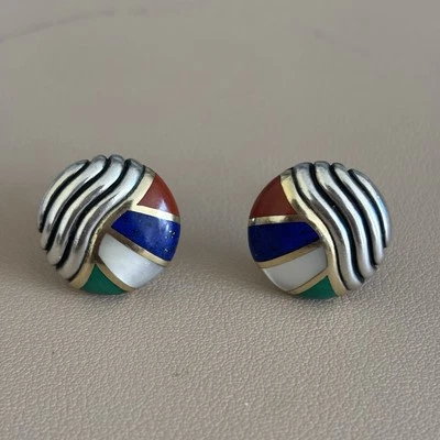 Earrings Signed Asch Grossbardt 18K Gold Sterling 925 Gemstone Inlay Omega Clip - Image 1 of 4