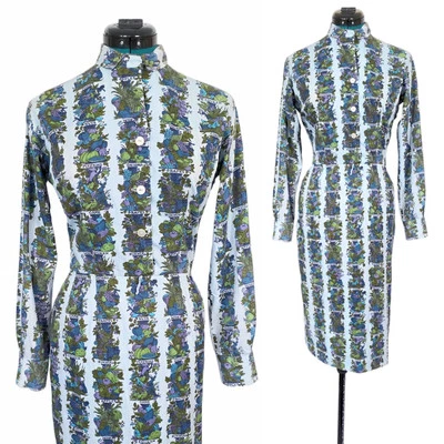 Vestido Vintage Años 50 Mueva Cóctel Novedad Huerto XS Pequeño Azul Foto 1 de 4